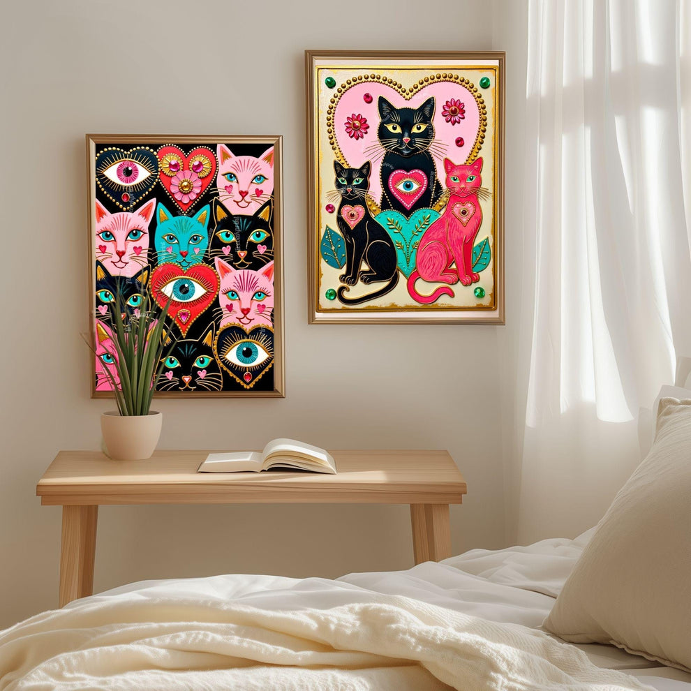 The Enchanted Cat Sisters – Whimsical Witchy Cat Wall Art Folk Wall Art Funky Cat Print Witchy Cat Gift Psychedelic Wall Decor Gold Wall Art