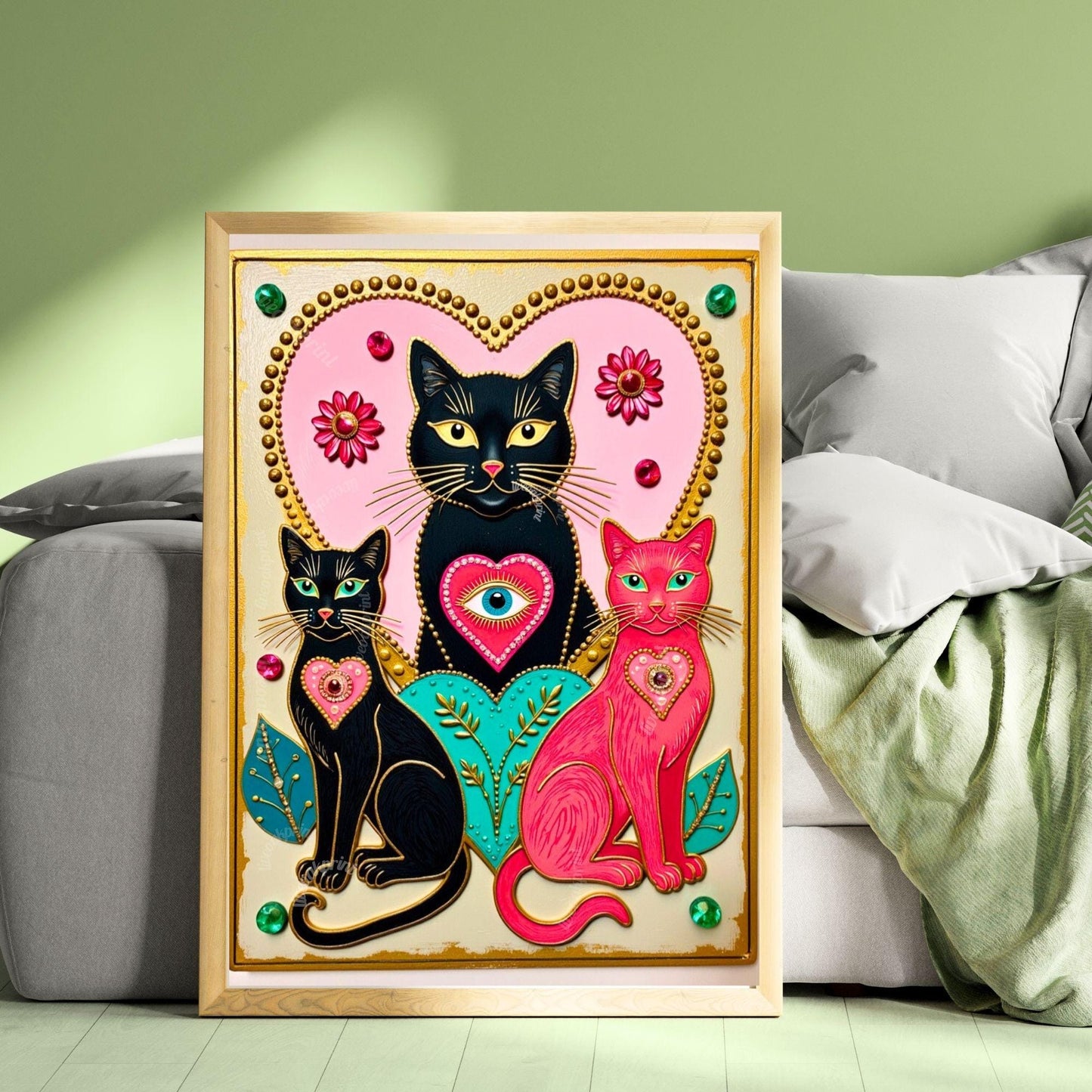 The Enchanted Cat Sisters – Whimsical Witchy Cat Wall Art Folk Wall Art Funky Cat Print Witchy Cat Gift Psychedelic Wall Decor Gold Wall Art