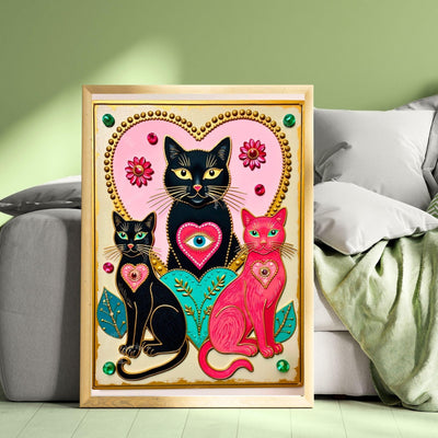 The Enchanted Cat Sisters – Whimsical Witchy Cat Wall Art Folk Wall Art Funky Cat Print Witchy Cat Gift Psychedelic Wall Decor Gold Wall Art