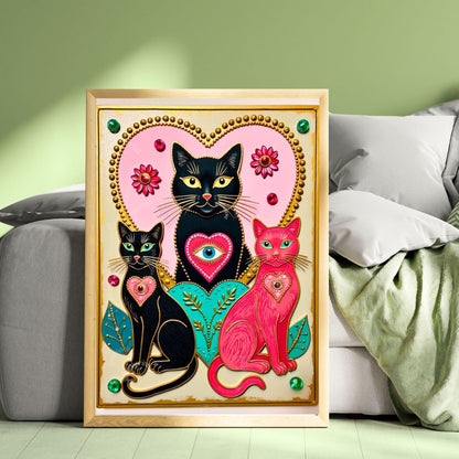 The Enchanted Cat Sisters – Whimsical Witchy Cat Wall Art Folk Wall Art Funky Cat Print Witchy Cat Gift Psychedelic Wall Decor Gold Wall Art