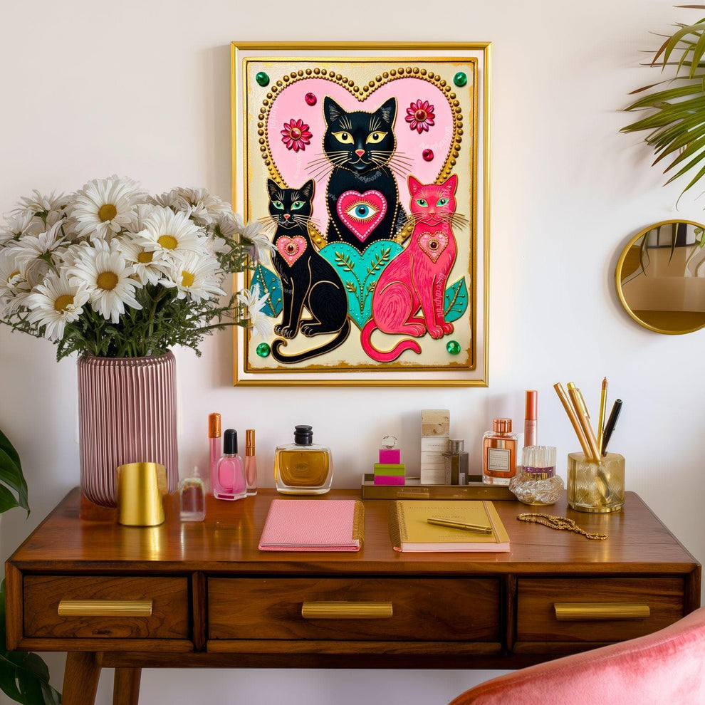 The Enchanted Cat Sisters – Whimsical Witchy Cat Wall Art Folk Wall Art Funky Cat Print Witchy Cat Gift Psychedelic Wall Decor Gold Wall Art