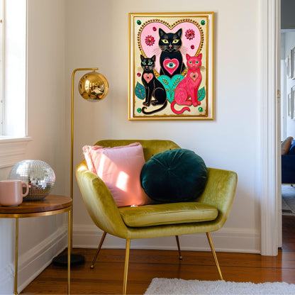 The Enchanted Cat Sisters – Whimsical Witchy Cat Wall Art Folk Wall Art Funky Cat Print Witchy Cat Gift Psychedelic Wall Decor Gold Wall Art