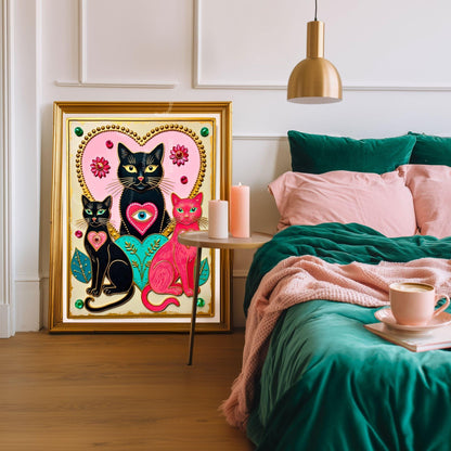 The Enchanted Cat Sisters – Whimsical Witchy Cat Wall Art Folk Wall Art Funky Cat Print Witchy Cat Gift Psychedelic Wall Decor Gold Wall Art