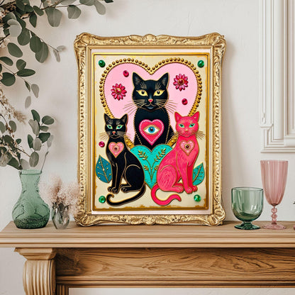 The Enchanted Cat Sisters – Whimsical Witchy Cat Wall Art Folk Wall Art Funky Cat Print Witchy Cat Gift Psychedelic Wall Decor Gold Wall Art