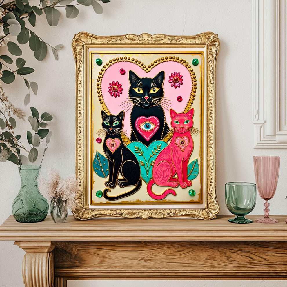 The Enchanted Cat Sisters – Whimsical Witchy Cat Wall Art Folk Wall Art Funky Cat Print Witchy Cat Gift Psychedelic Wall Decor Gold Wall Art