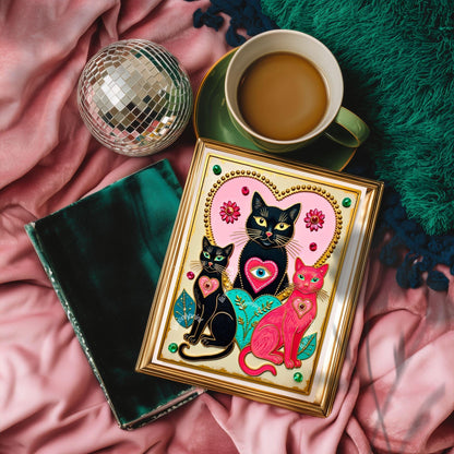 The Enchanted Cat Sisters – Whimsical Witchy Cat Wall Art Folk Wall Art Funky Cat Print Witchy Cat Gift Psychedelic Wall Decor Gold Wall Art