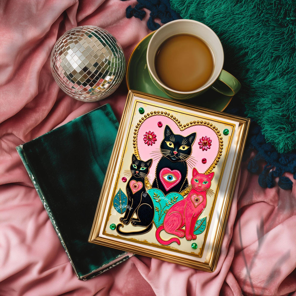 The Enchanted Cat Sisters – Whimsical Witchy Cat Wall Art Folk Wall Art Funky Cat Print Witchy Cat Gift Psychedelic Wall Decor Gold Wall Art