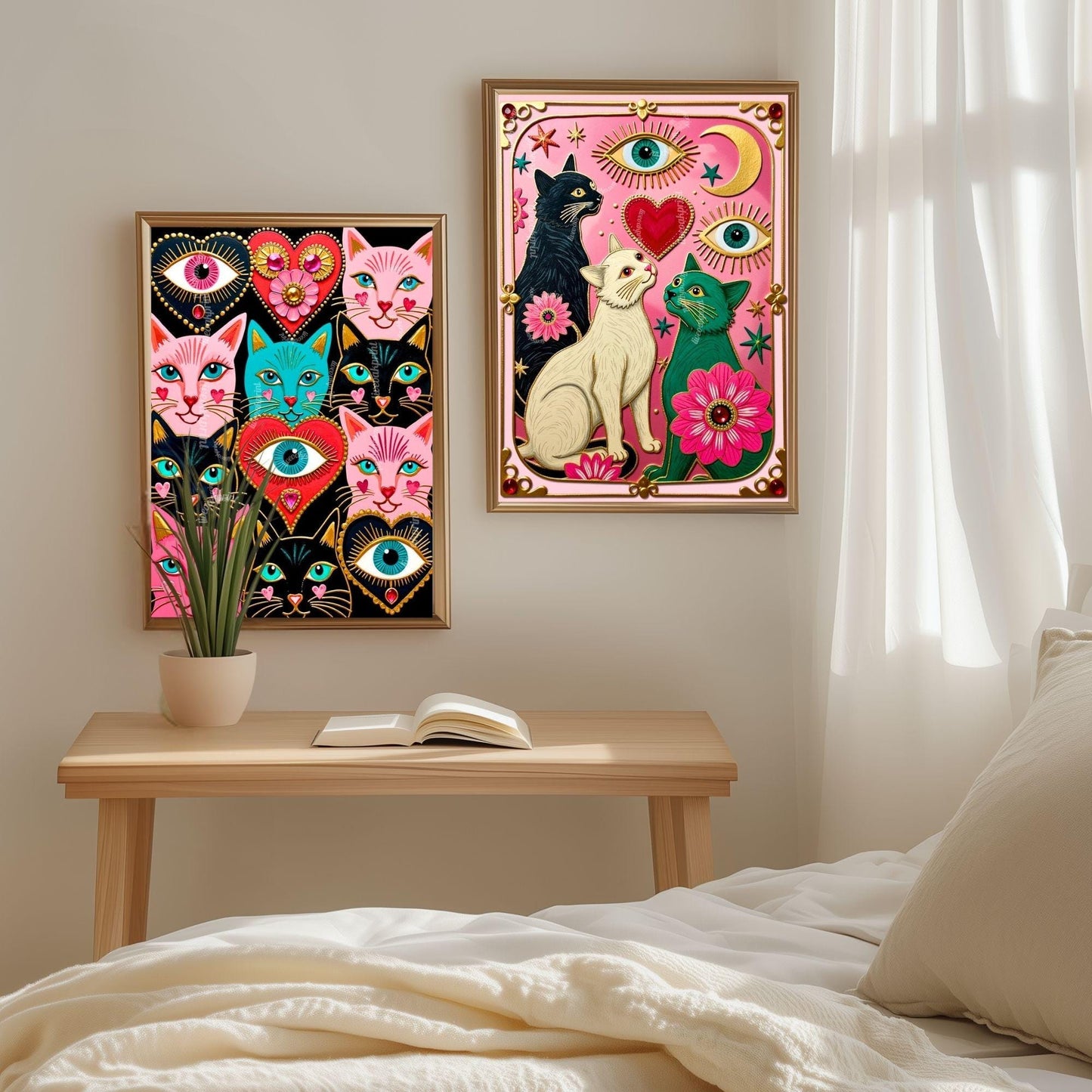 Pink Celestial Cat Wall Art – Witchy Cat Wall Art Folk Wall Art Funky Cat Print Witchy Cat Gift Psychedelic Wall Decor Gold Wall Art