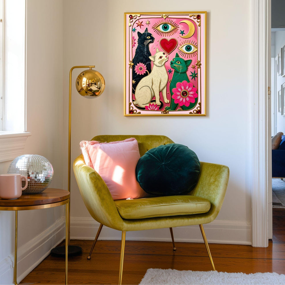 Pink Celestial Cat Wall Art – Witchy Cat Wall Art Folk Wall Art Funky Cat Print Witchy Cat Gift Psychedelic Wall Decor Gold Wall Art