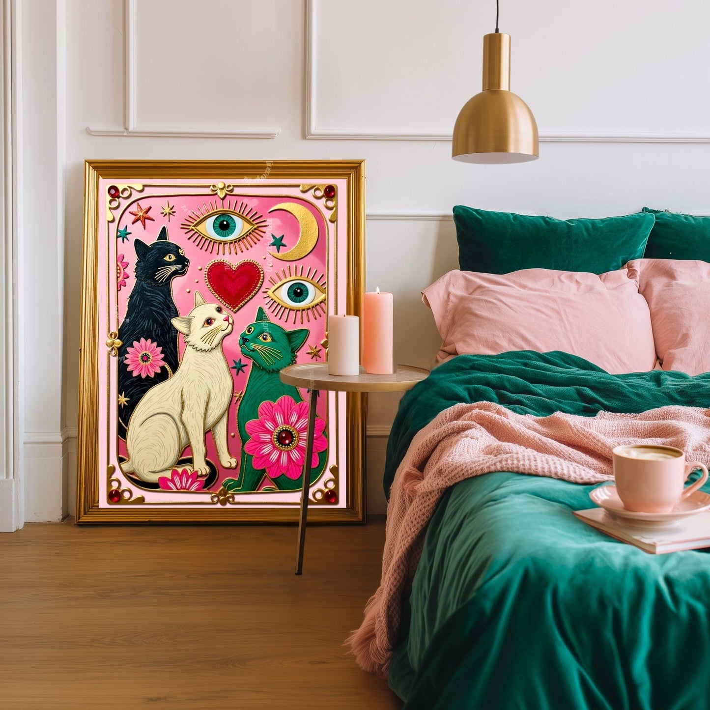 Pink Celestial Cat Wall Art – Witchy Cat Wall Art Folk Wall Art Funky Cat Print Witchy Cat Gift Psychedelic Wall Decor Gold Wall Art