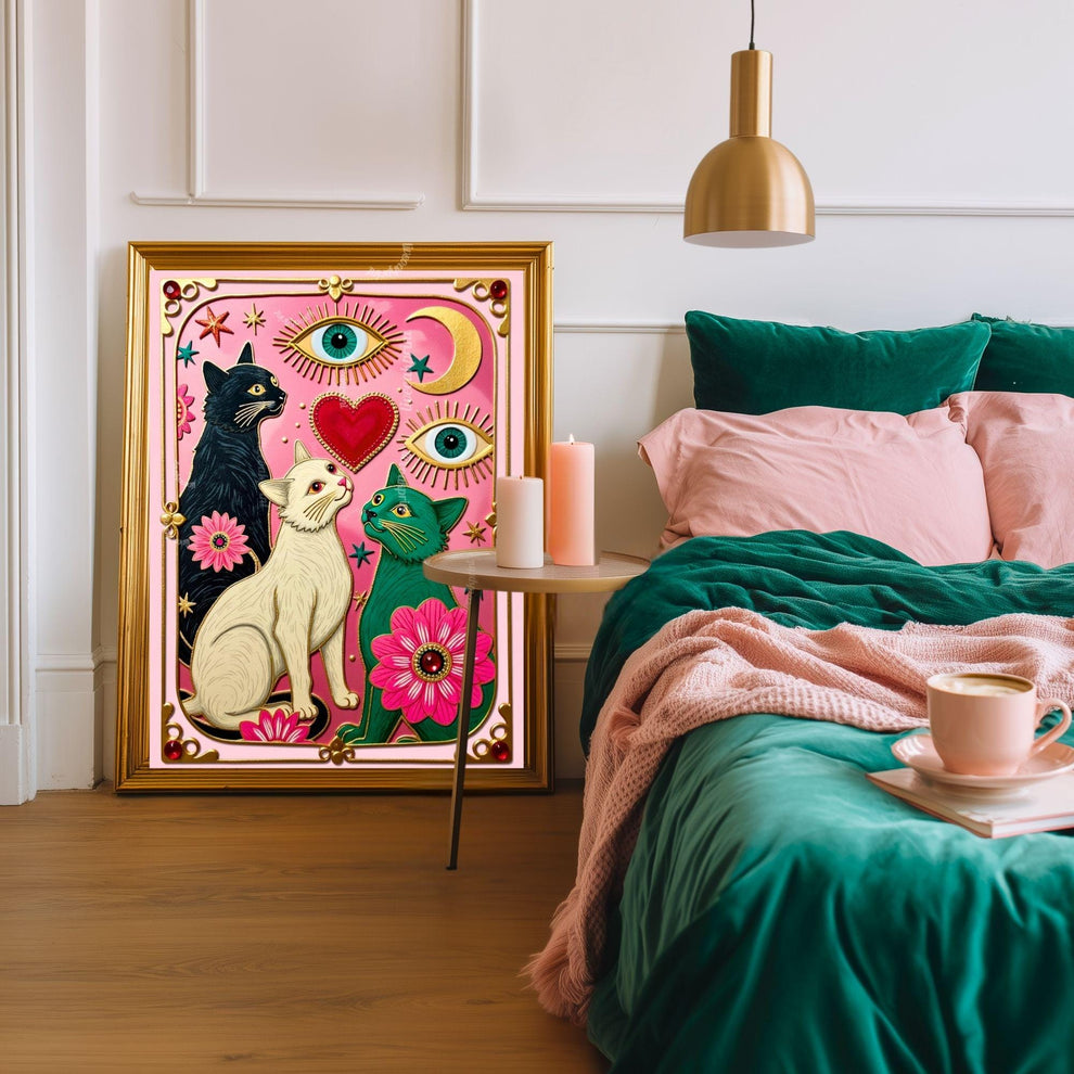 Pink Celestial Cat Wall Art – Witchy Cat Wall Art Folk Wall Art Funky Cat Print Witchy Cat Gift Psychedelic Wall Decor Gold Wall Art