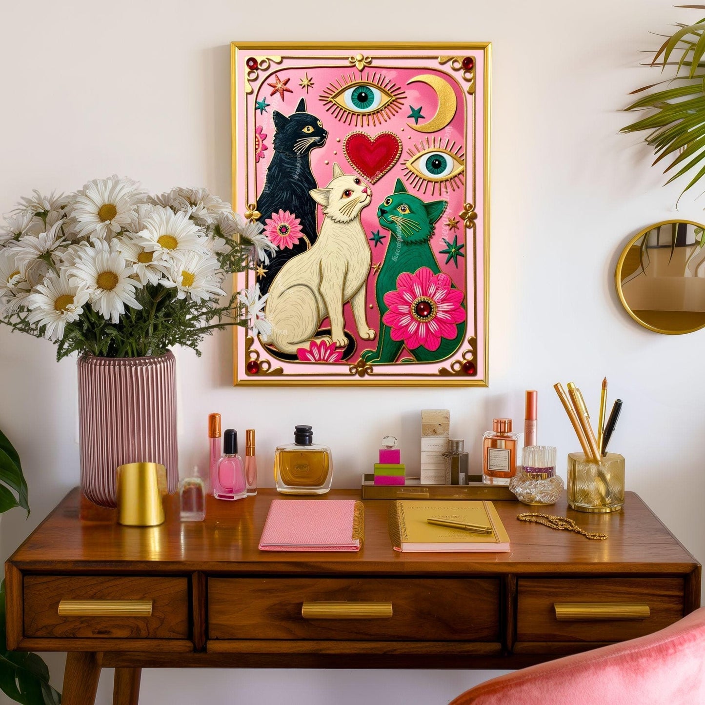 Pink Celestial Cat Wall Art – Witchy Cat Wall Art Folk Wall Art Funky Cat Print Witchy Cat Gift Psychedelic Wall Decor Gold Wall Art