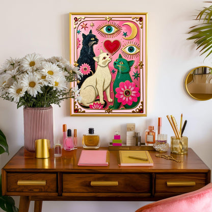 Pink Celestial Cat Wall Art – Witchy Cat Wall Art Folk Wall Art Funky Cat Print Witchy Cat Gift Psychedelic Wall Decor Gold Wall Art