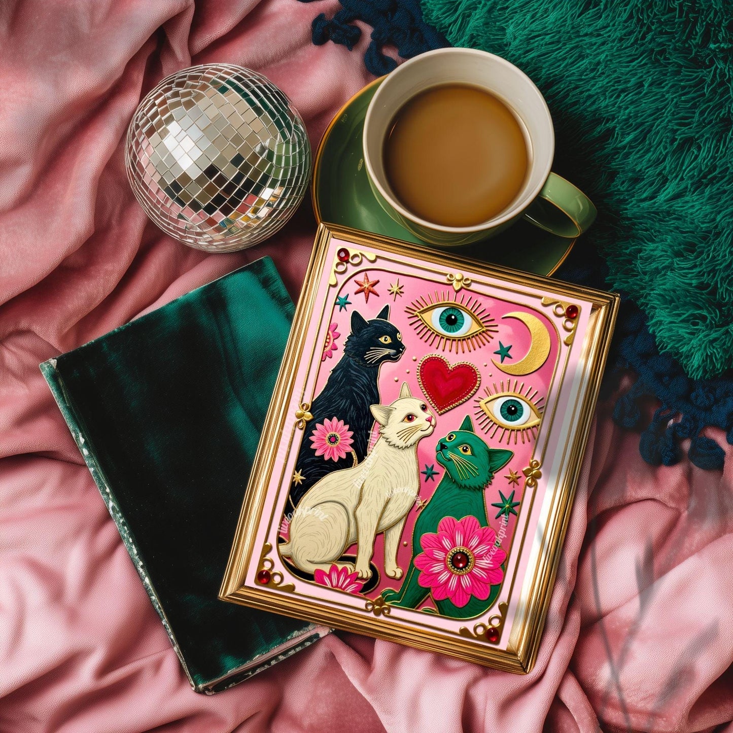 Pink Celestial Cat Wall Art – Witchy Cat Wall Art Folk Wall Art Funky Cat Print Witchy Cat Gift Psychedelic Wall Decor Gold Wall Art