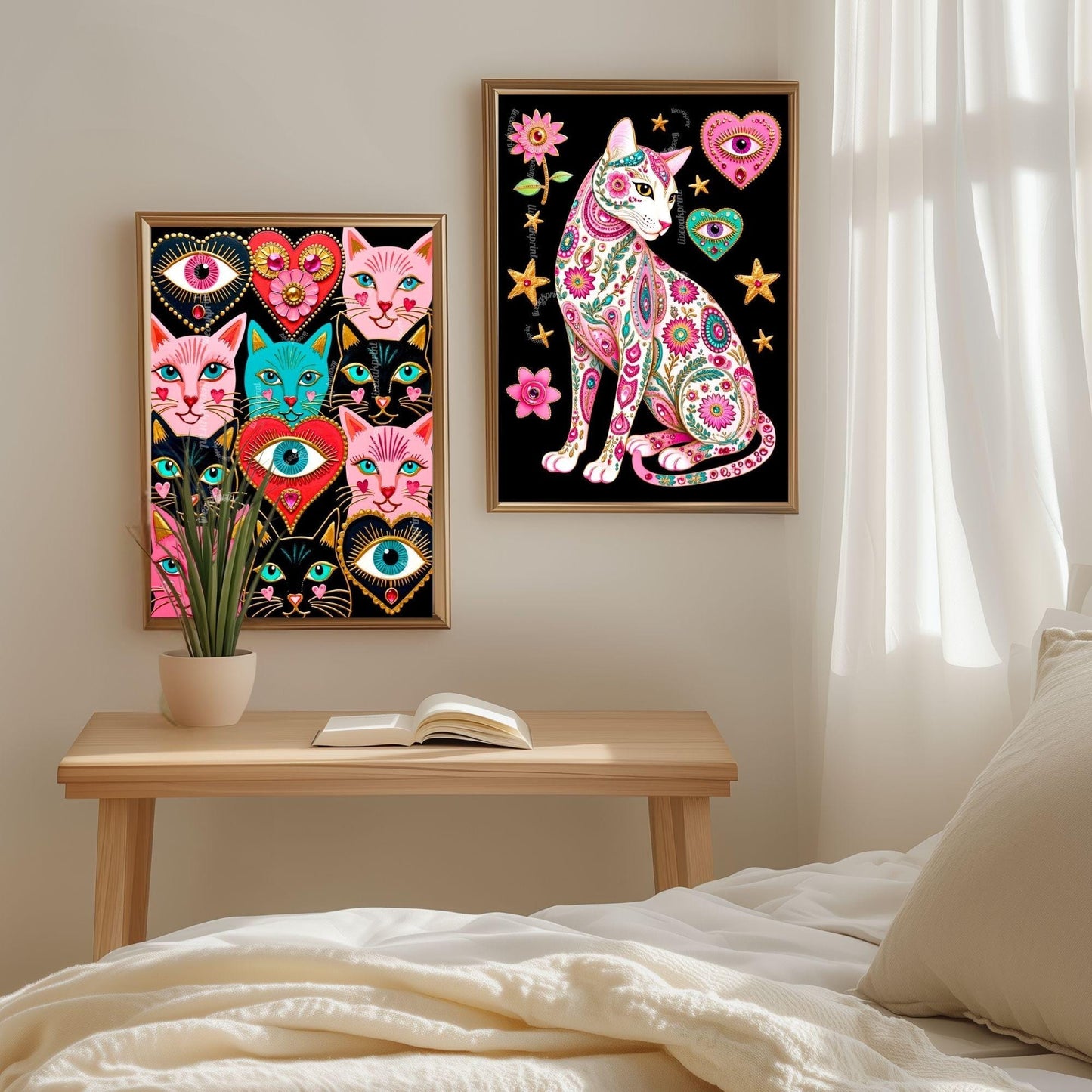 Sacred Heart Cat Print – White Cat Wall Art Sacred Heart Art Print Folk Art Wall Art White Cat Gift Ideas Pink Black Cat Print Funky Cat Art