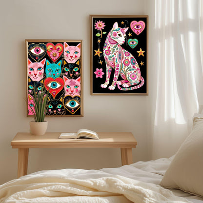 Sacred Heart Cat Print – White Cat Wall Art Sacred Heart Art Print Folk Art Wall Art White Cat Gift Ideas Pink Black Cat Print Funky Cat Art