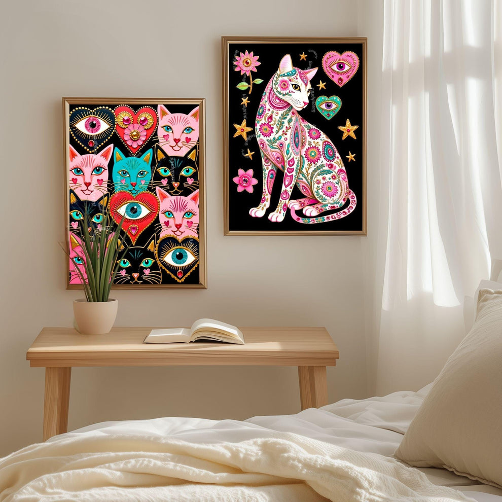 Sacred Heart Cat Print – White Cat Wall Art Sacred Heart Art Print Folk Art Wall Art White Cat Gift Ideas Pink Black Cat Print Funky Cat Art