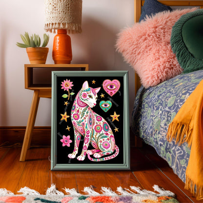Sacred Heart Cat Print – White Cat Wall Art Sacred Heart Art Print Folk Art Wall Art White Cat Gift Ideas Pink Black Cat Print Funky Cat Art