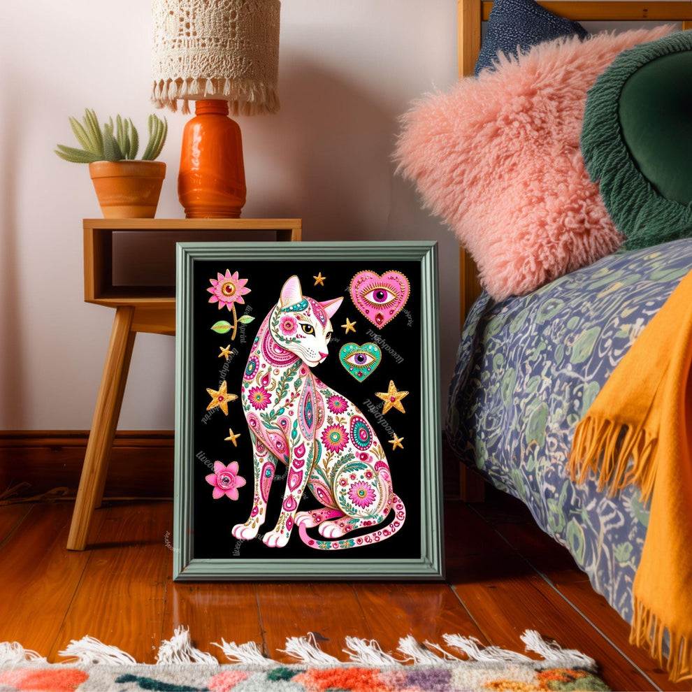 Sacred Heart Cat Print – White Cat Wall Art Sacred Heart Art Print Folk Art Wall Art White Cat Gift Ideas Pink Black Cat Print Funky Cat Art