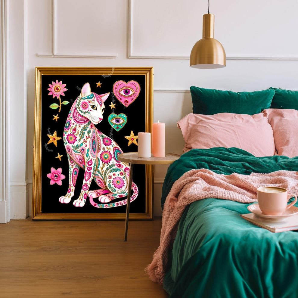 Sacred Heart Cat Print – White Cat Wall Art Sacred Heart Art Print Folk Art Wall Art White Cat Gift Ideas Pink Black Cat Print Funky Cat Art
