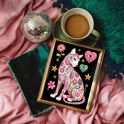 Sacred Heart Cat Print – White Cat Wall Art Sacred Heart Art Print Folk Art Wall Art White Cat Gift Ideas Pink Black Cat Print Funky Cat Art
