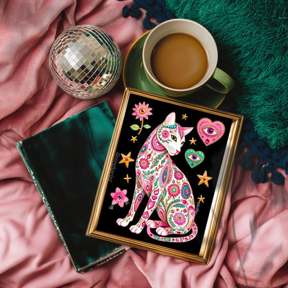Sacred Heart Cat Print – White Cat Wall Art Sacred Heart Art Print Folk Art Wall Art White Cat Gift Ideas Pink Black Cat Print Funky Cat Art