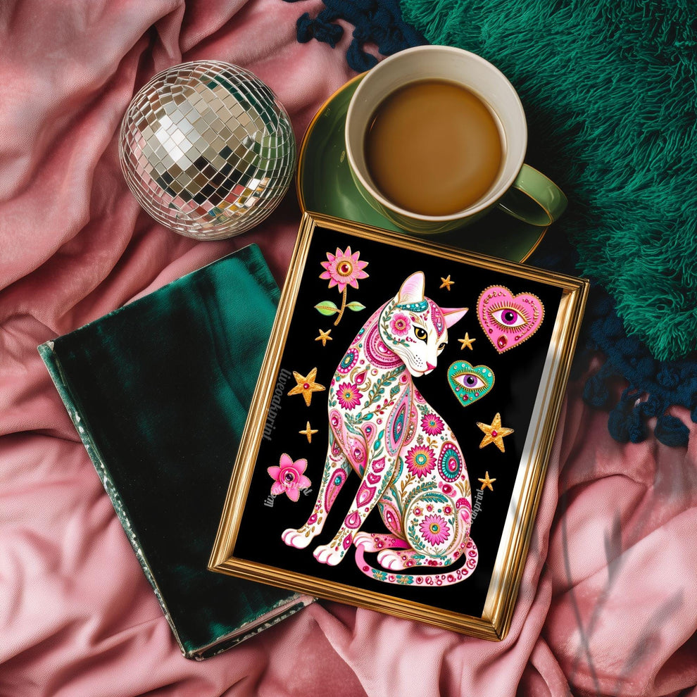 Sacred Heart Cat Print – White Cat Wall Art Sacred Heart Art Print Folk Art Wall Art White Cat Gift Ideas Pink Black Cat Print Funky Cat Art