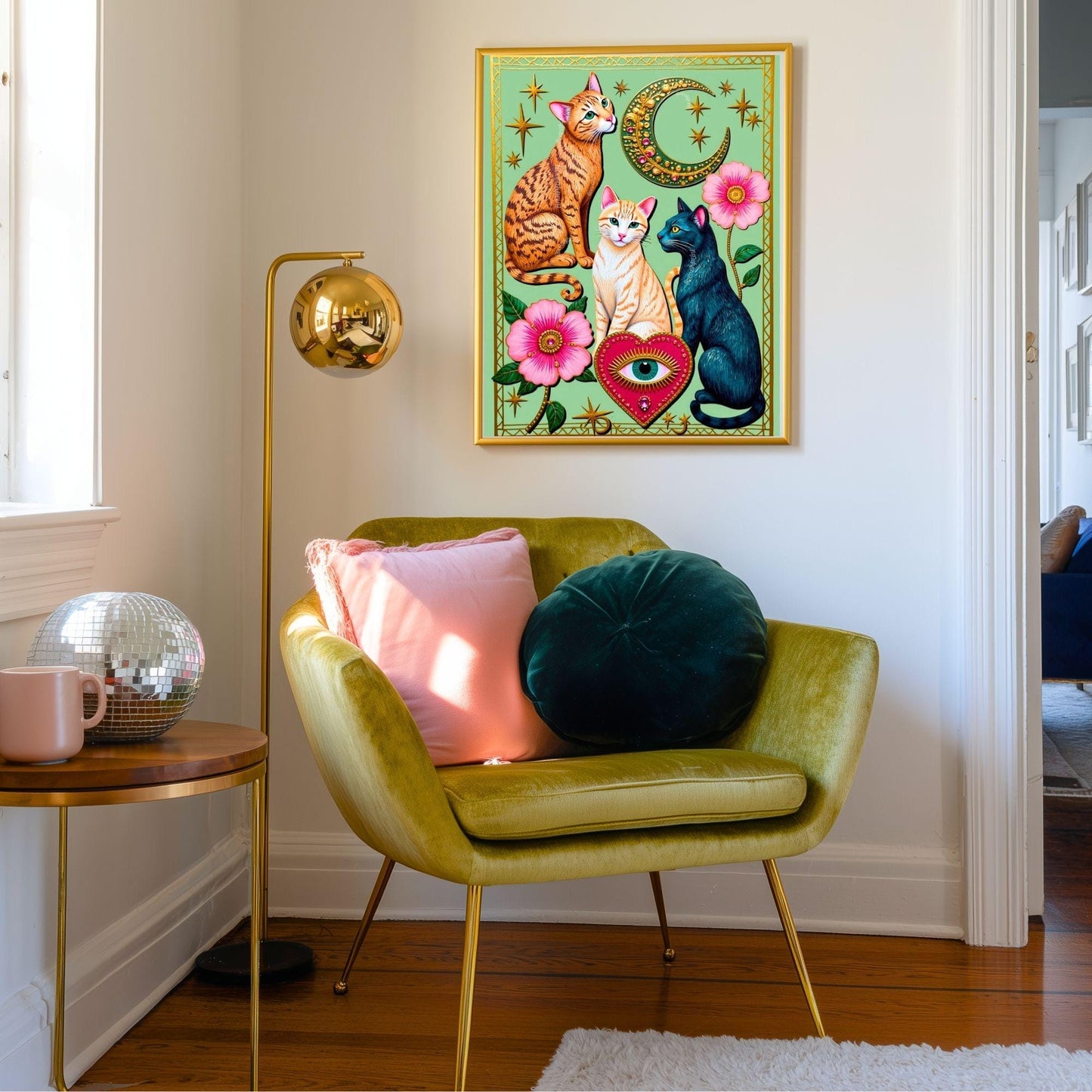 Mint Green Moon Cats – Orange Cat Wall Art Sacred Heart Art Print Folk Art Wall Art White Cat Gift Ideas Pink Black Cat Print Funky Cat Art