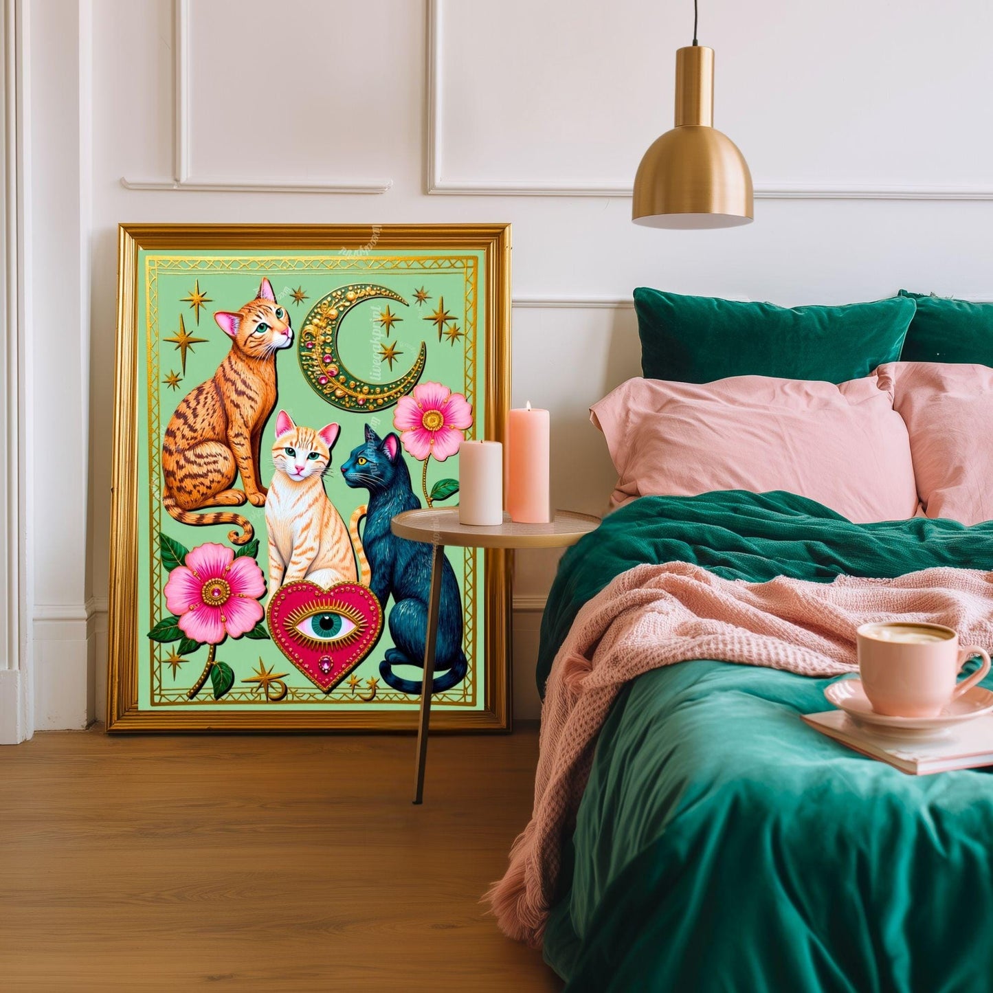 Mint Green Moon Cats – Orange Cat Wall Art Sacred Heart Art Print Folk Art Wall Art White Cat Gift Ideas Pink Black Cat Print Funky Cat Art