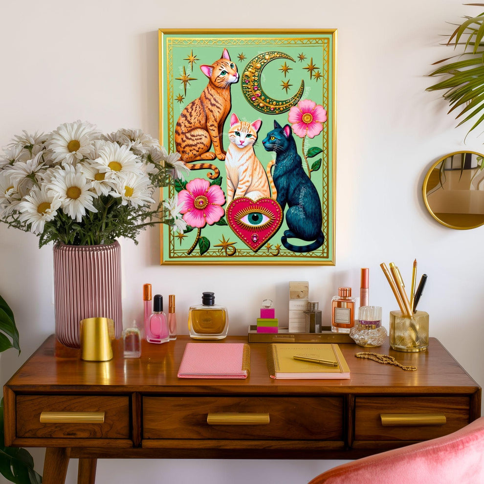 Mint Green Moon Cats – Orange Cat Wall Art Sacred Heart Art Print Folk Art Wall Art White Cat Gift Ideas Pink Black Cat Print Funky Cat Art