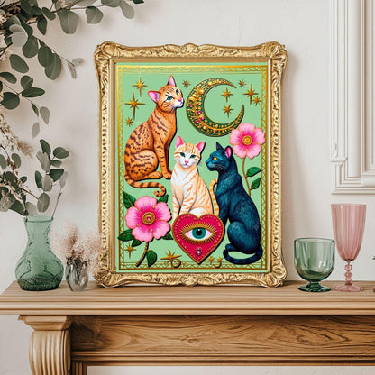 Mint Green Moon Cats – Orange Cat Wall Art Sacred Heart Art Print Folk Art Wall Art White Cat Gift Ideas Pink Black Cat Print Funky Cat Art