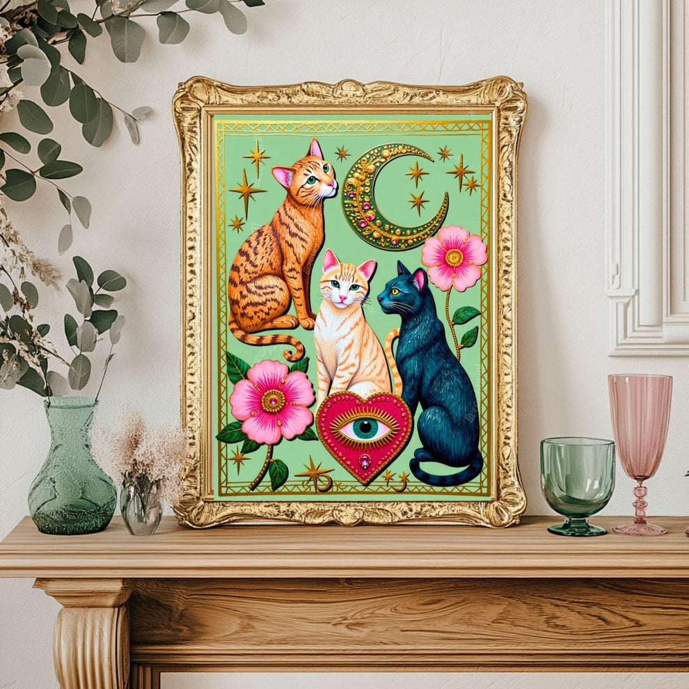 Mint Green Moon Cats – Orange Cat Wall Art Sacred Heart Art Print Folk Art Wall Art White Cat Gift Ideas Pink Black Cat Print Funky Cat Art