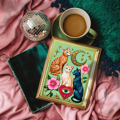 Mint Green Moon Cats – Orange Cat Wall Art Sacred Heart Art Print Folk Art Wall Art White Cat Gift Ideas Pink Black Cat Print Funky Cat Art