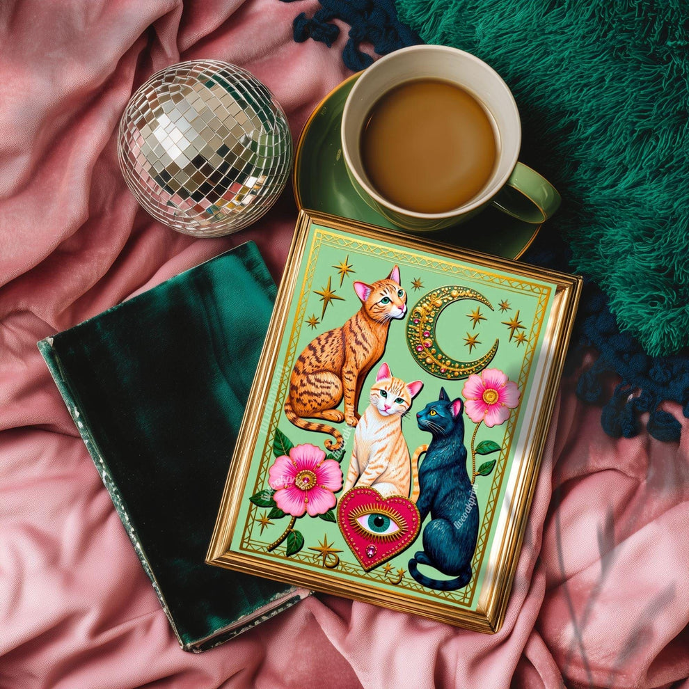 Mint Green Moon Cats – Orange Cat Wall Art Sacred Heart Art Print Folk Art Wall Art White Cat Gift Ideas Pink Black Cat Print Funky Cat Art