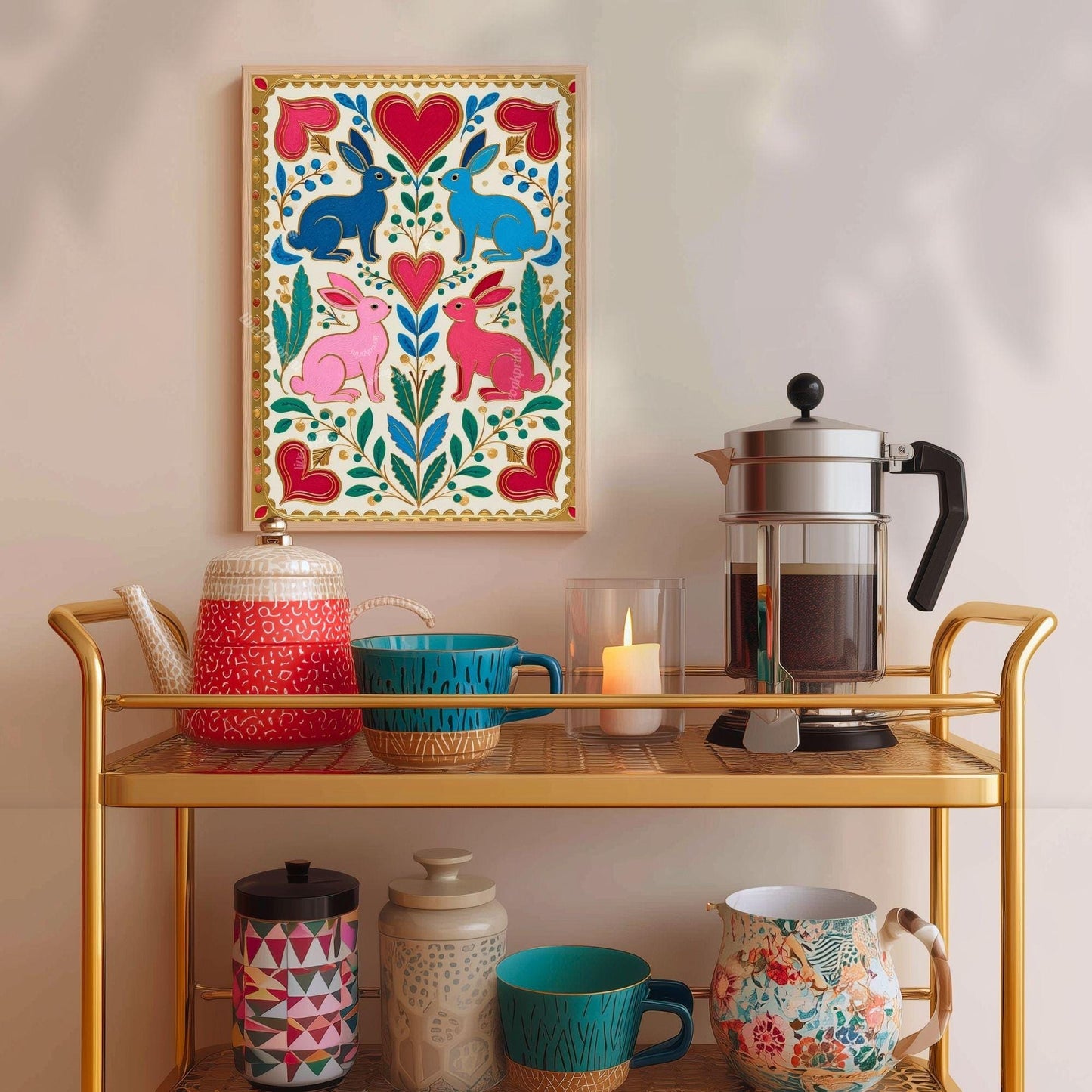 Scandi Folk Rabbit Art Print – Colorful Scandinavian Boho Wall Art Nordic Bedroom Print Colorful Hygge Decor