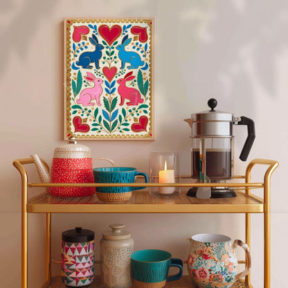 Scandi Folk Rabbit Art Print – Colorful Scandinavian Boho Wall Art Nordic Bedroom Print Colorful Hygge Decor