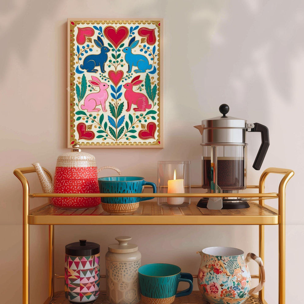 Scandi Folk Rabbit Art Print – Colorful Scandinavian Boho Wall Art Nordic Bedroom Print Colorful Hygge Decor