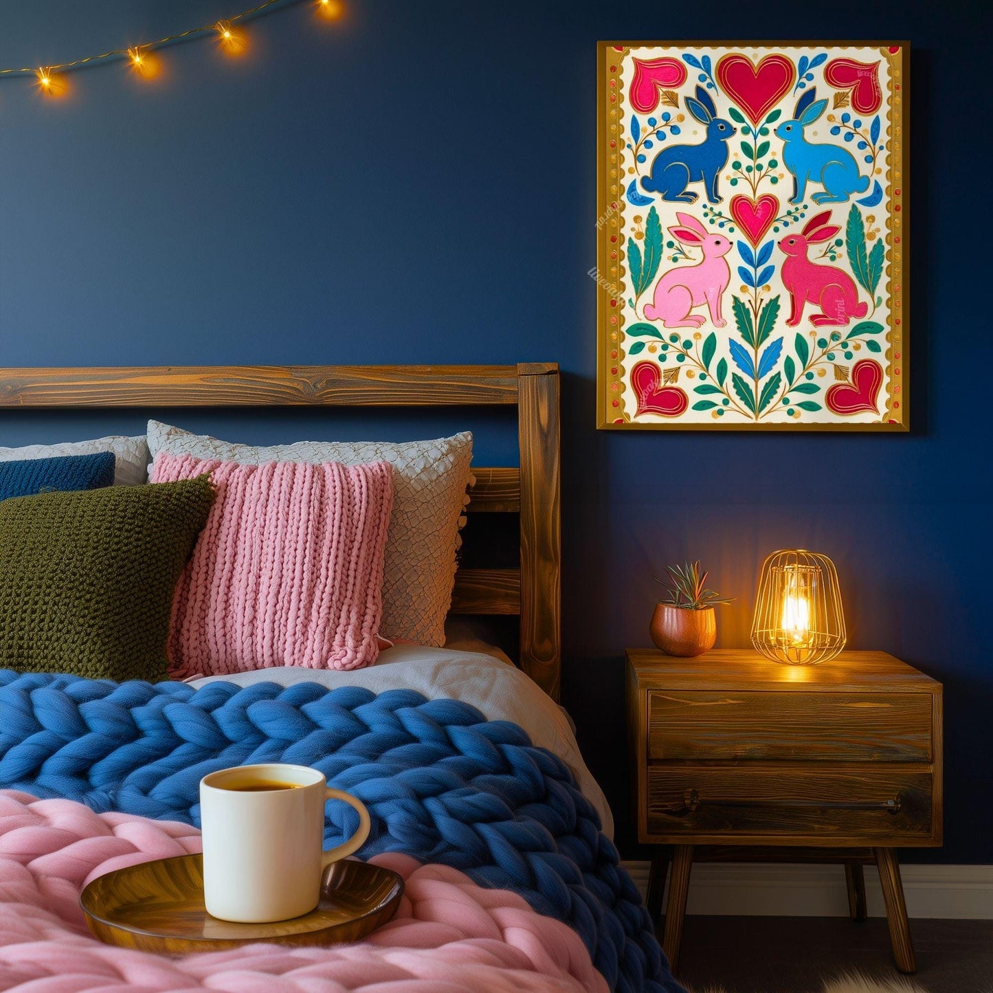 Scandi Folk Rabbit Art Print – Colorful Scandinavian Boho Wall Art Nordic Bedroom Print Colorful Hygge Decor