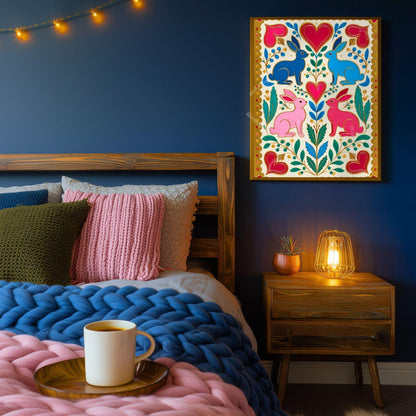 Scandi Folk Rabbit Art Print – Colorful Scandinavian Boho Wall Art Nordic Bedroom Print Colorful Hygge Decor
