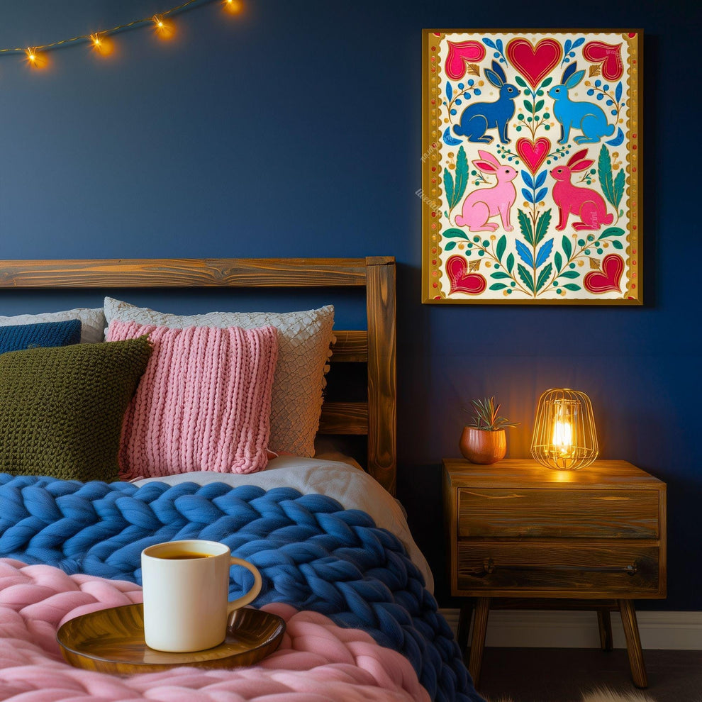 Scandi Folk Rabbit Art Print – Colorful Scandinavian Boho Wall Art Nordic Bedroom Print Colorful Hygge Decor