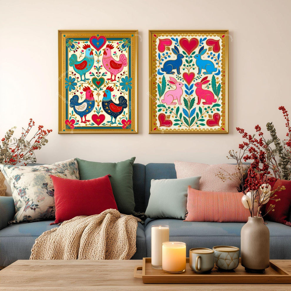 Scandi Folk Rabbit Art Print – Colorful Scandinavian Boho Wall Art Nordic Bedroom Print Colorful Hygge Decor