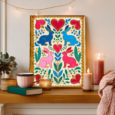 Scandi Folk Rabbit Art Print – Colorful Scandinavian Boho Wall Art Nordic Bedroom Print Colorful Hygge Decor