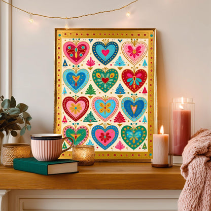 Boho Scandi Folk Heart Art Print – Colorful Scandinavian Wall Art Modern Boho Home Decor Nordic Bedroom Art