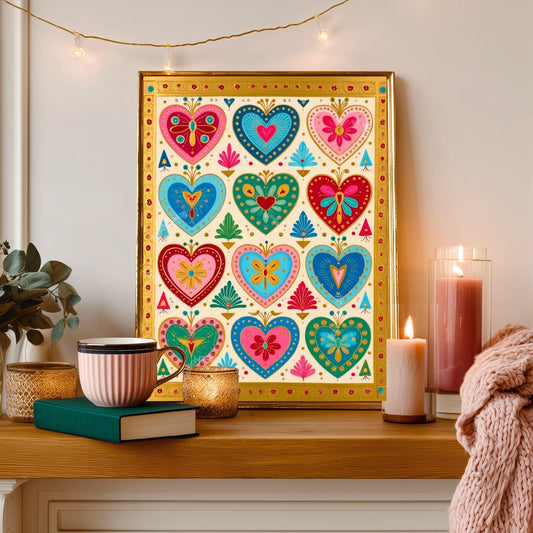 Boho Scandi Folk Heart Art Print – Colorful Scandinavian Wall Art Modern Boho Home Decor Nordic Bedroom Art