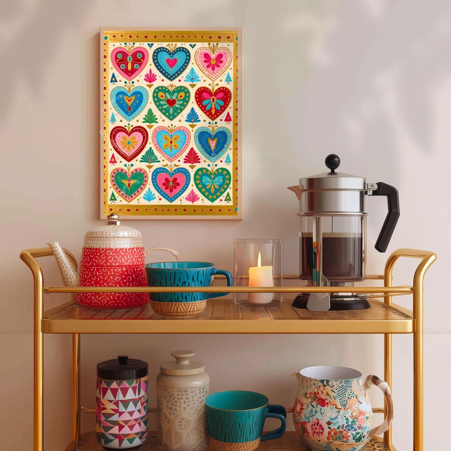 Boho Scandi Folk Heart Art Print – Colorful Scandinavian Wall Art Modern Boho Home Decor Nordic Bedroom Art