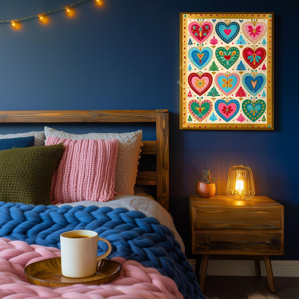 Boho Scandi Folk Heart Art Print – Colorful Scandinavian Wall Art Modern Boho Home Decor Nordic Bedroom Art