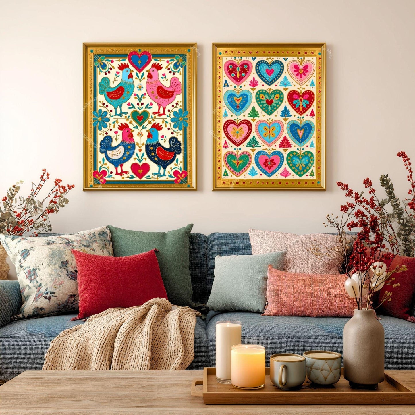 Boho Scandi Folk Heart Art Print – Colorful Scandinavian Wall Art Modern Boho Home Decor Nordic Bedroom Art