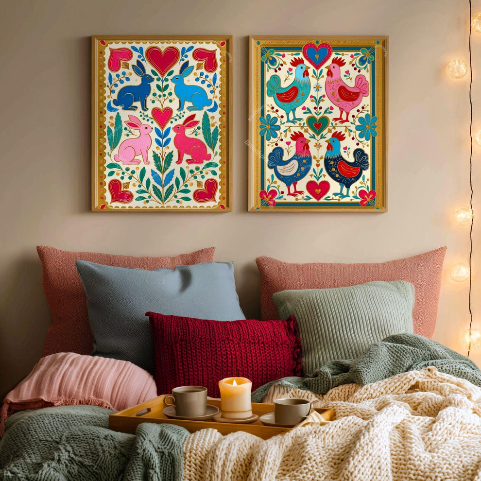 Scandi Folk Wall Art Set – Colorful Scandinavian Boho Animal Prints Wall Art Rabbit and Rooster Prints Scandi Boho Prints Set of Two