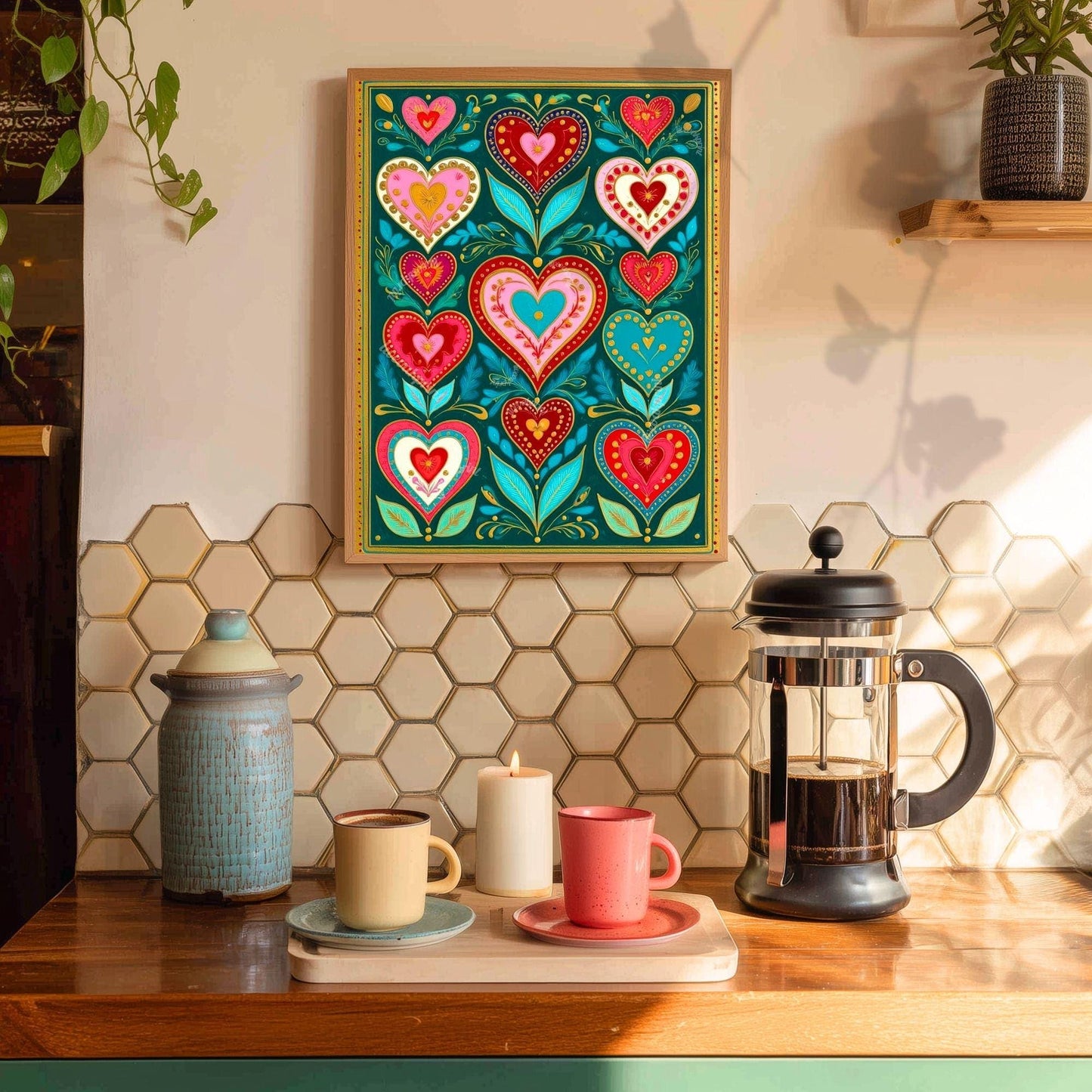 Green Boho Scandi Hearts Print – Modern Scandinavian Folk Art for Kitchen Funky Folk Art Print Dark Green Wall Art Green and Pink