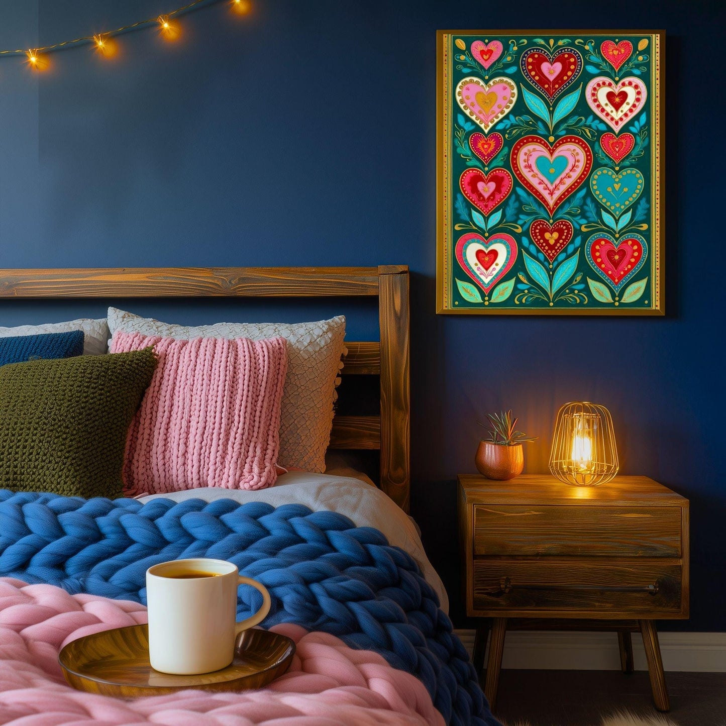 Green Boho Scandi Hearts Print – Modern Scandinavian Folk Art for Kitchen Funky Folk Art Print Dark Green Wall Art Green and Pink